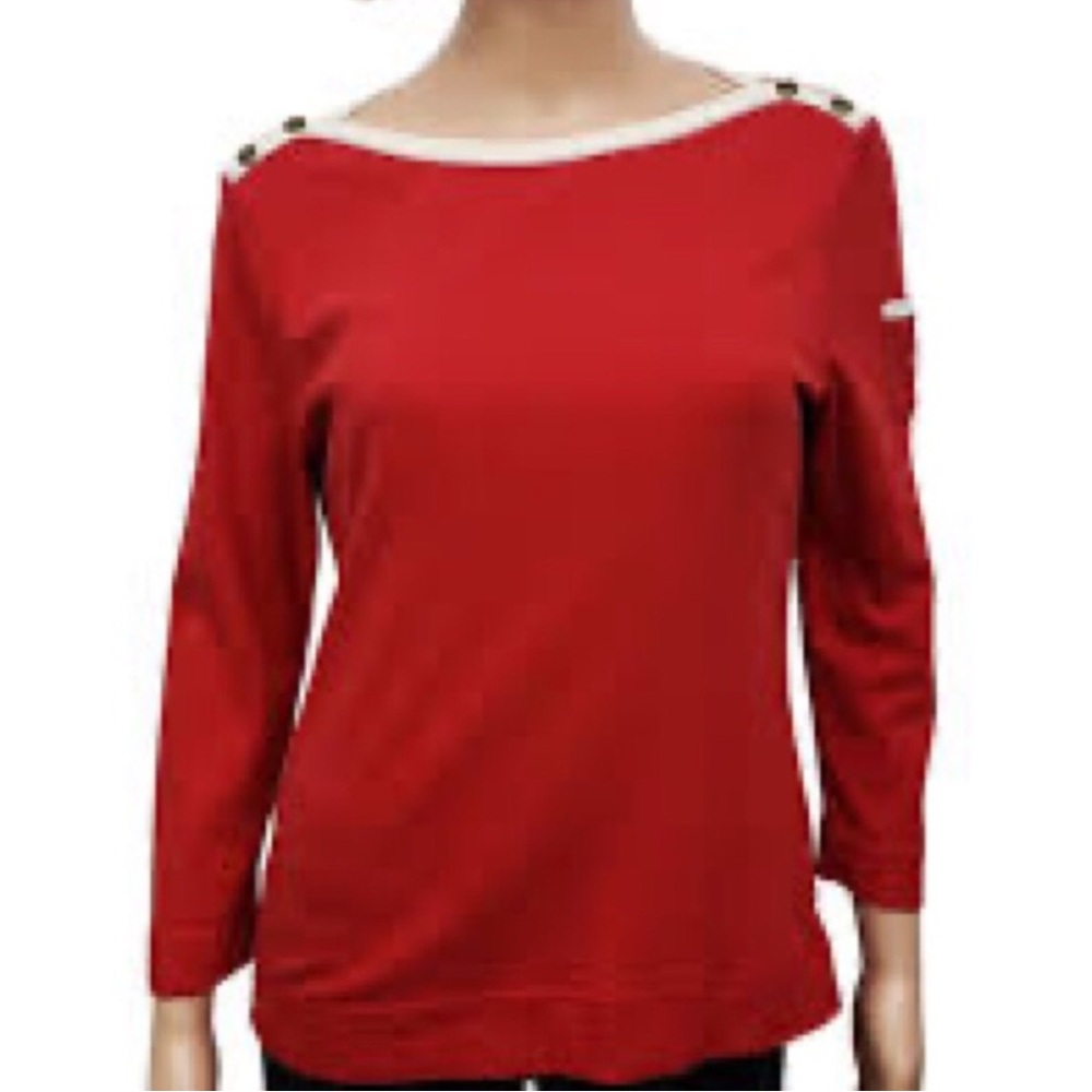 Lauren Ralph Lauren Women’s Red Off-the-Shoulder Boat Neck Cotton Long Sleeve